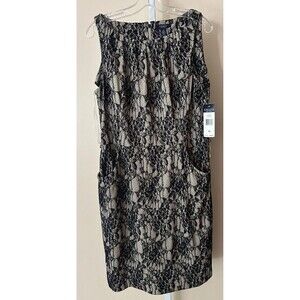Chaps Black Lace Overlay Beige Dress Sleeveless Stretch Ruching 16M